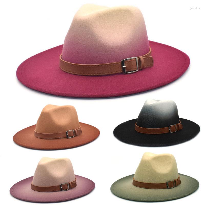 

Berets Fedora Hat Wide Brim Woman Man Belt Felt Round Cap Wool Hats Caps Adult Jazz Fashion American Europ Lady Trilby, Yellow