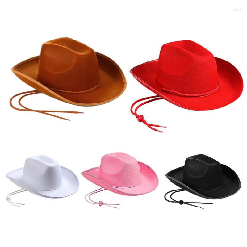 

Berets E9LC Classical Solid Color Felt Cowgirl Hat With Anti-slip Band Western Anti-uv, White