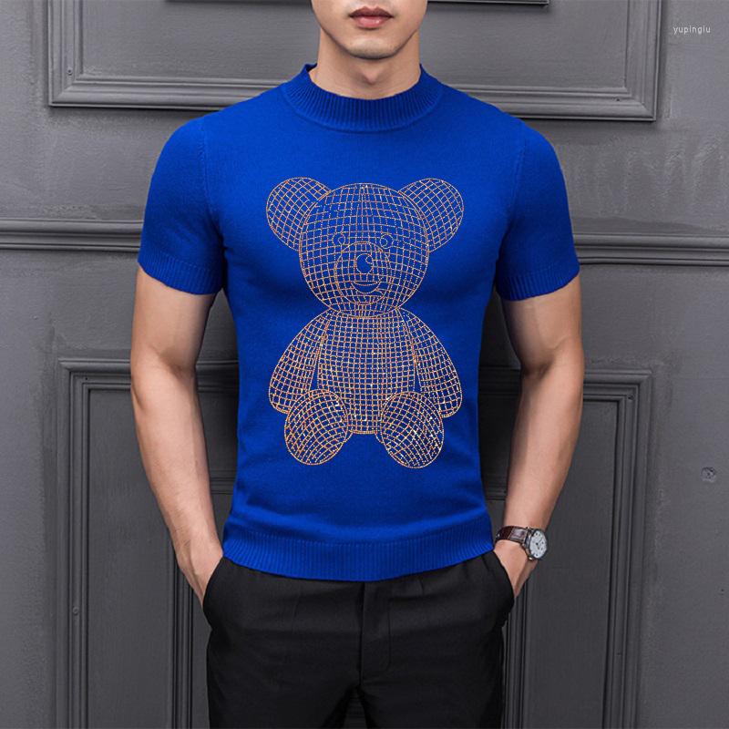 

Men's T Shirts Hairstylist Male High Quality Knitting Brand Clothing Men's Half-Sleeved Drilling Stripe Sweater Korean Slim With, As shown asian size