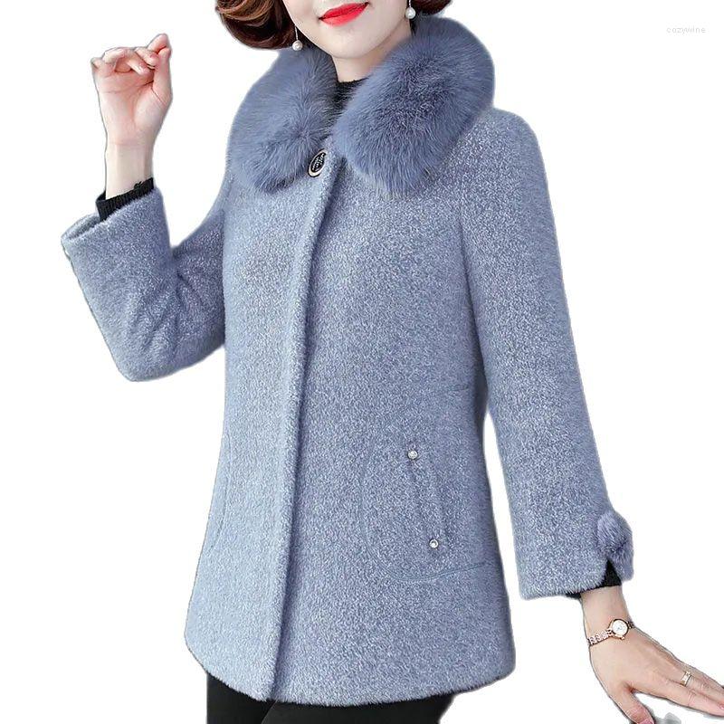

Women's Wool Winter Women Jacket Woolen Imitation Mink Velvet Female Coat Middle-Aged Add Cotton Thicken High Quality Warm R1480, Blue