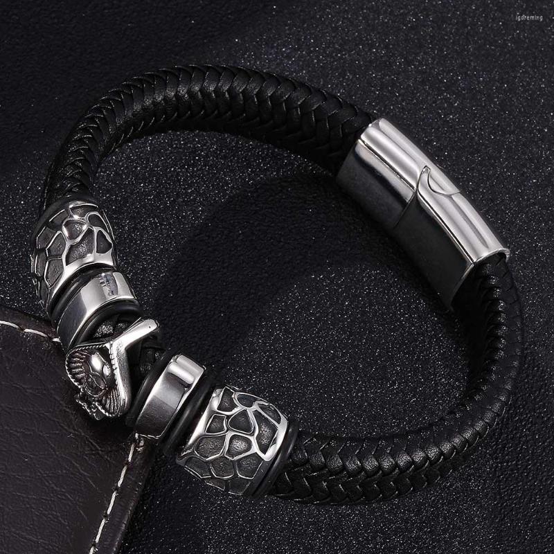 

Bangle Braided Leather Bracelet Men Jewelry Punk Spades Skull Stainless Steel Magnetic Clasp Skeleton Bangles Gifts