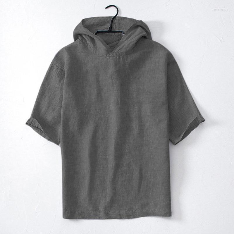 

Men' Casual Shirts Men' Men Summer Cotton Linen T Shirt With Hood Baggy Solid Color Short Sleeve Retro T-shirts Stand Neck Tops Loose, White