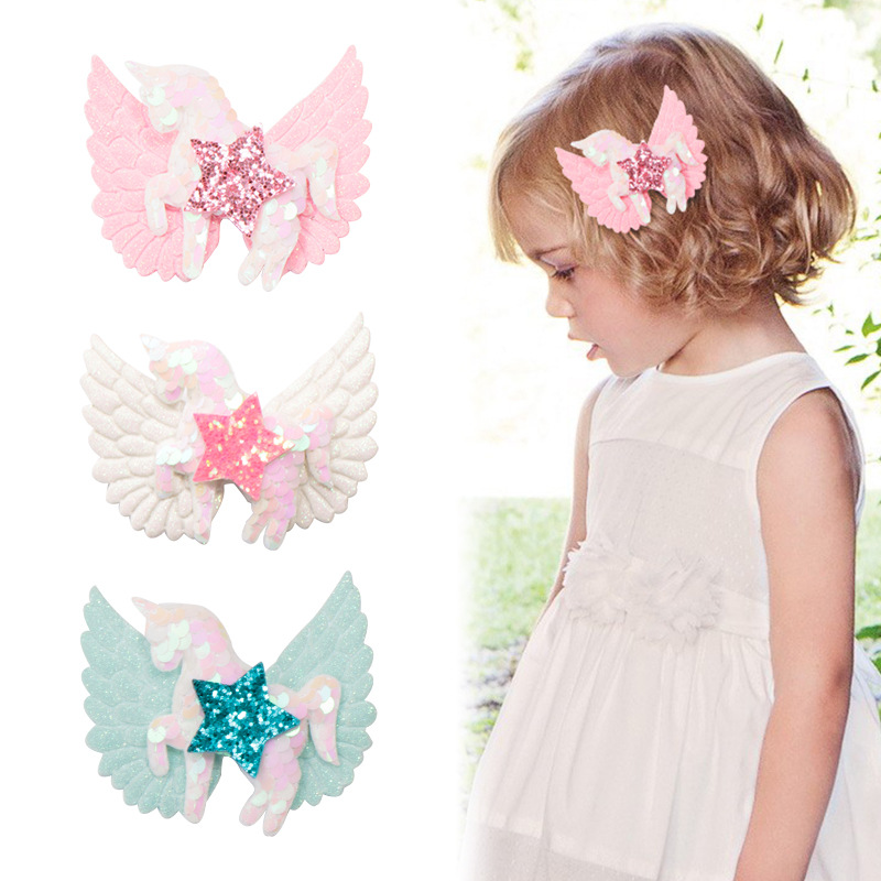 

12pcs New Baby Hairpin Korea Angel Wings Stars Hairpins Children Sequins Unicorn Horse Girls Headwear Handmade Princess Hair clips Wholesale, White without card