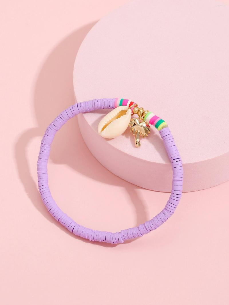 

Anklets 5mm White Purple Polymer Clay Heishi Beads Cowrie Seashell Palm Tree Stretch Anklet Women 2022 Fashion Summer Jewelry Gift
