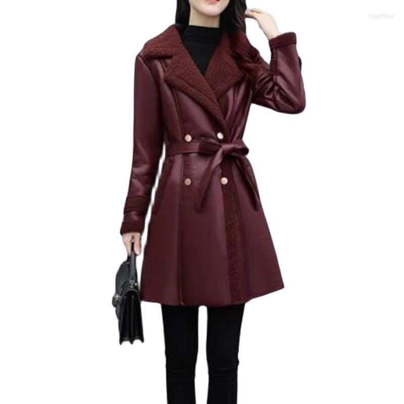 

Women's Leather PU Ladies Jacket Mid Long Windbreakers Overcoat Female 2022Winter Add Velvet Thick Women's Coats, Black