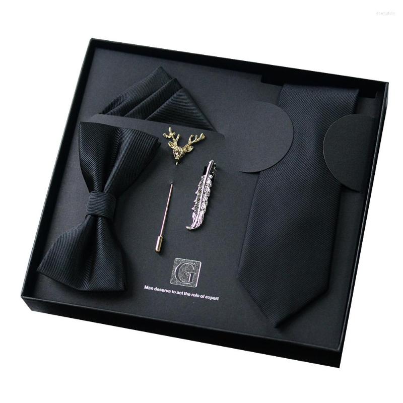 

Bow Ties High Quality Men's Tie Set 8CM Black Business Wedding Necktie Bowtie Corsage Pocket Square And Clip With Gift Box