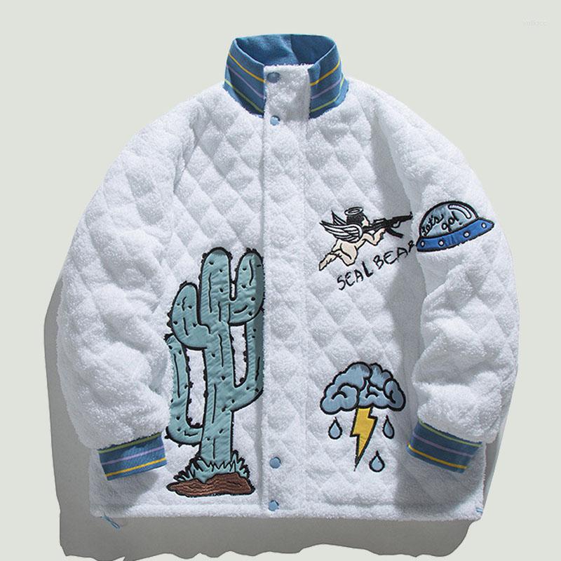 

Men's Down Streetwear Hip Hop Furry Parkas Mens Harajuku Cactus Patch Embroid Cotton Padded Warm Loose Baseball Jackets Unisex Winter Coats, White