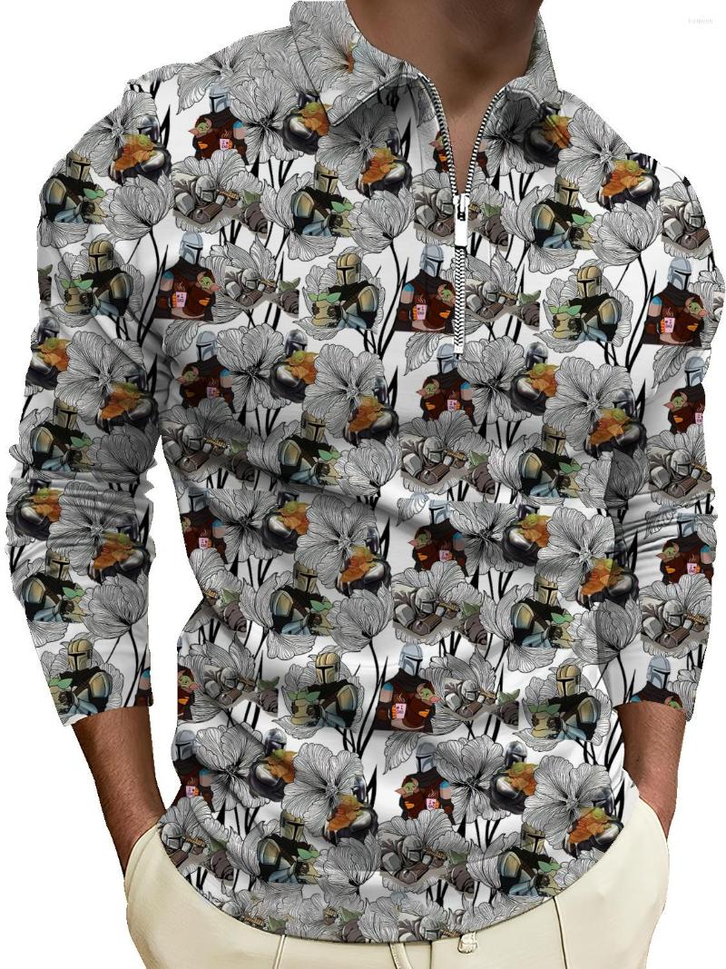

Men's Polos Half Zipper Personalized Floral Shirt Men's Long-sleeved Trendy Handsome Retro Slim Fit Printed Pattern Top, Orange