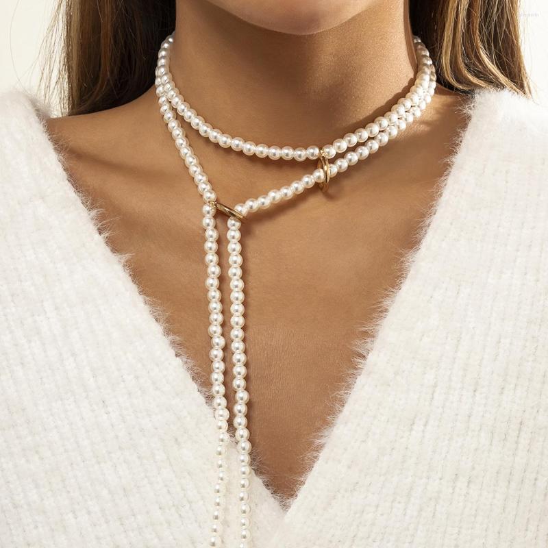 

Chains Temperamental Handmade Pearl Chain Necklace Women Elegant Choker Jewelry Vintage Long Tassel Pendant Clavicle