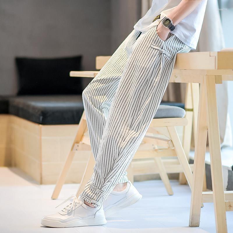 

Men' Pants Striped Harem Men Streetwear Casual Joggers Chinese Style Cotton Linen Sweatpants Ankle-length Male Trousers, Black
