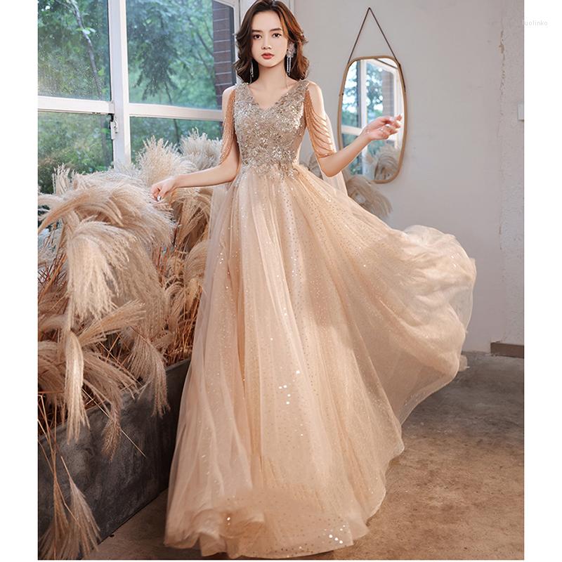 

Party Dresses Elegant Evening A Line Champagne Formal Prom Gown Long Dress