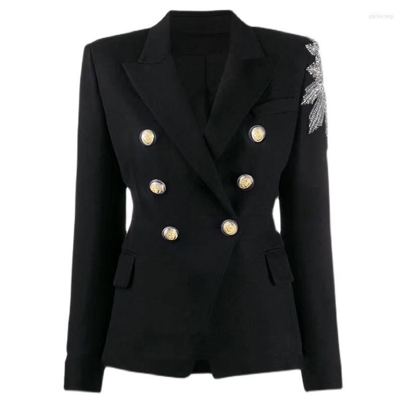 

Women' Suits Black Blazers Women 2022 Autumn Winter Jacket Metal Double Breasted Gold Button Embroidery Heavy Industry Beaded, Black blazer