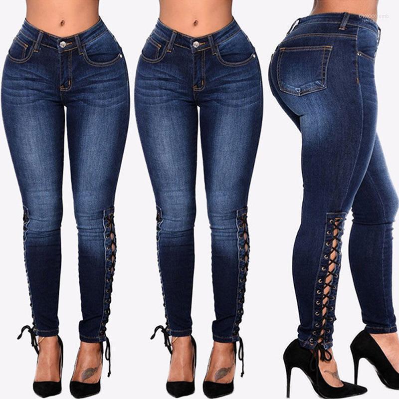 

Women's Jeans Women's Plus Size S-3XL Zipper Side Lace Up Skinny High Waist Pockets Denim Pant Women Pencil Pants Trousers Big, Blue