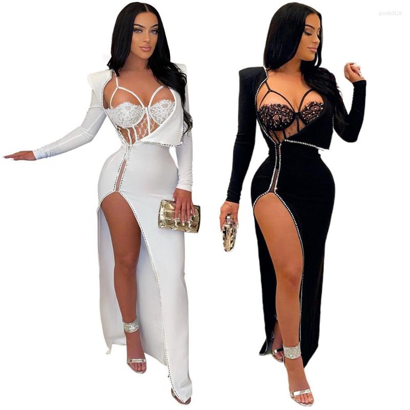 

Work Dresses The Long Sleeves Sexy Club High Split Party Stretchy Fashion Chest Wrap Outfits Evening Dress Gorgeous Clubwear Women, Black