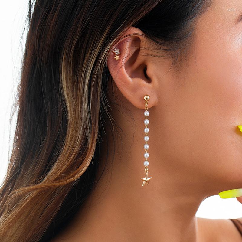 

Backs Earrings Minimalist Pearl Satellite Chain Hoop Earring With Ear Cuff Sets For Women Rhinestone Star Design Pierced Lot