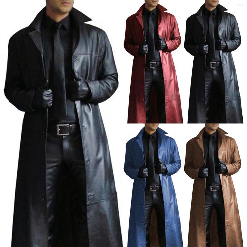 

Men's Trench Coats Fashion Pu Leather Jackets Men Autumn Winter Warm Long Faux Vintage Solid Color Coat Outerwear Overcoat, Black