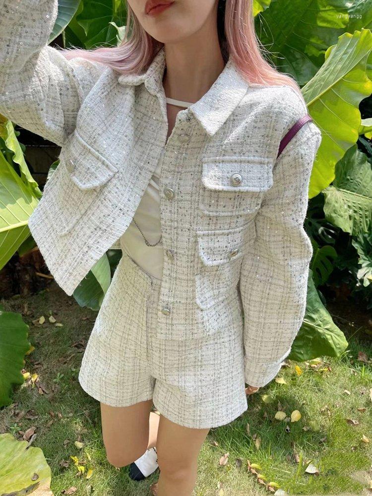 

Women' Jackets 2022 Autumn And Winter Silver White Sequins Women Short Coat High Waist Shorts, Shorts silver