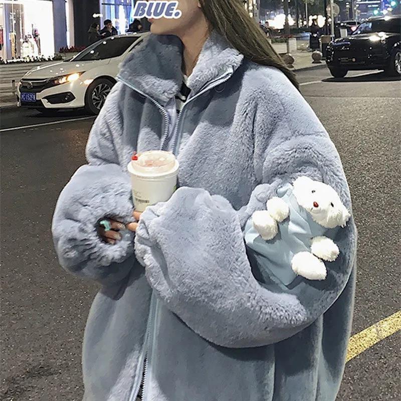 

QNPQYX New Women Lamb velvet jacket female American bear thick winter loose ins plus velvet stand collar cardigan cotton jacket, Beige