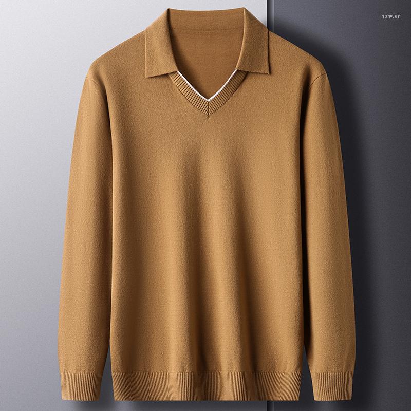 

Men's T Shirts High End Spring And Autumn Casual Knitting Long Sleeve T-shirt Men's Lapel 2022 Youth Trend Pure Color V-Neck Sweater, Gold