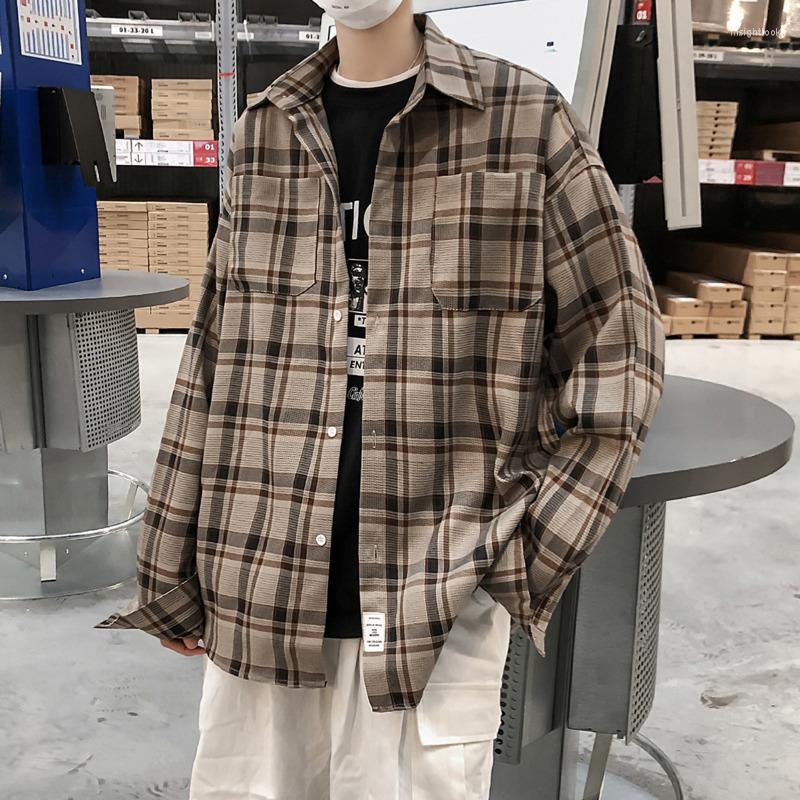 

Men's Casual Shirts Spring Plaid Shirt Men Fashion Retro Pocket Wild Loose Long Sleeve Mens Streetwear Large Size -5XL, Coffee