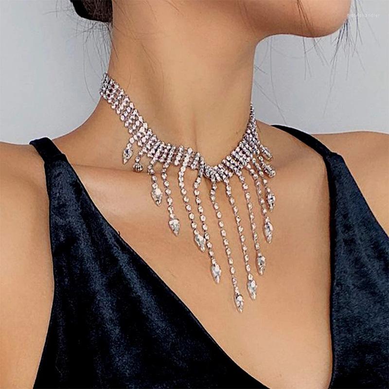 

Choker Stonefans Luxury Tassel Necklace Rhinestone Jewelry For Women Pendant Geometric Crystal Statement Collar Wedding