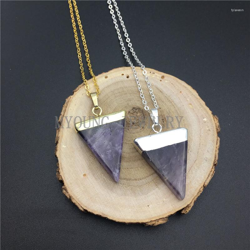 

Pendant Necklaces MY0947 Triangle Amethysts Point Purple Crystal Gems Stone Gold Or Silver Electroplated Chain Necklace Kolye