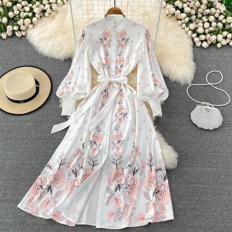 

Casual Dresses High-quality Temperament Single-breasted Round Neck Lantern Sleeve Printed Dress Elegant A-line Long, White