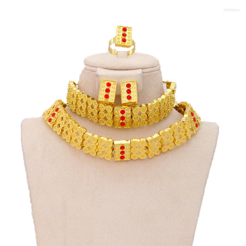 

Necklace Earrings Set Fashion Charm Ball Gold Ruby Small Square Dubai Suitable Tor Women/Girls Ethiopian Jewelry African Gift, Picture shown
