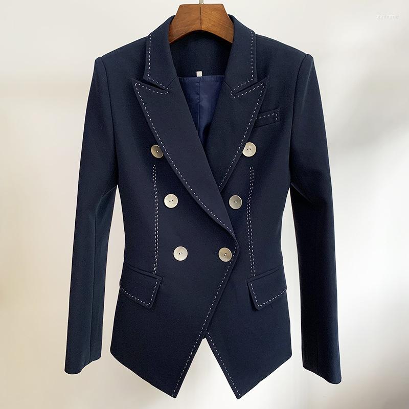 

Women' Suits Designer Women Blazer White Dark Blue Double Breasted Button Slim Open Wire Decoration Jacket Suit High Quality, Dark blue blazer