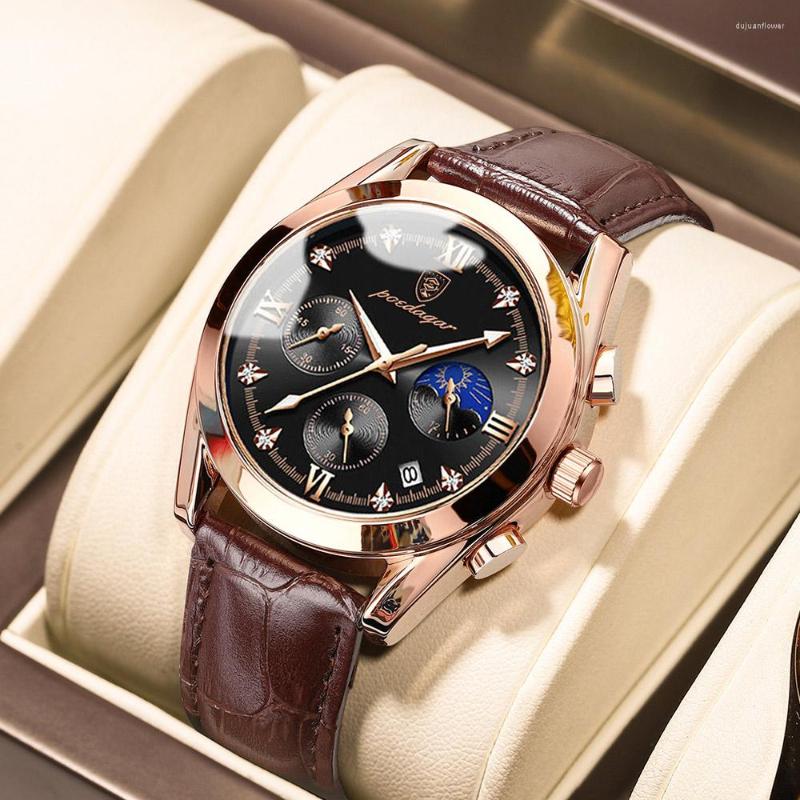 

Wristwatches POEDAGER Fashion Mens Business Multifunction Moon Phase Display Luminous Pointer Dial Waterproof Leather Strap Quartz Watch, Leather black blue