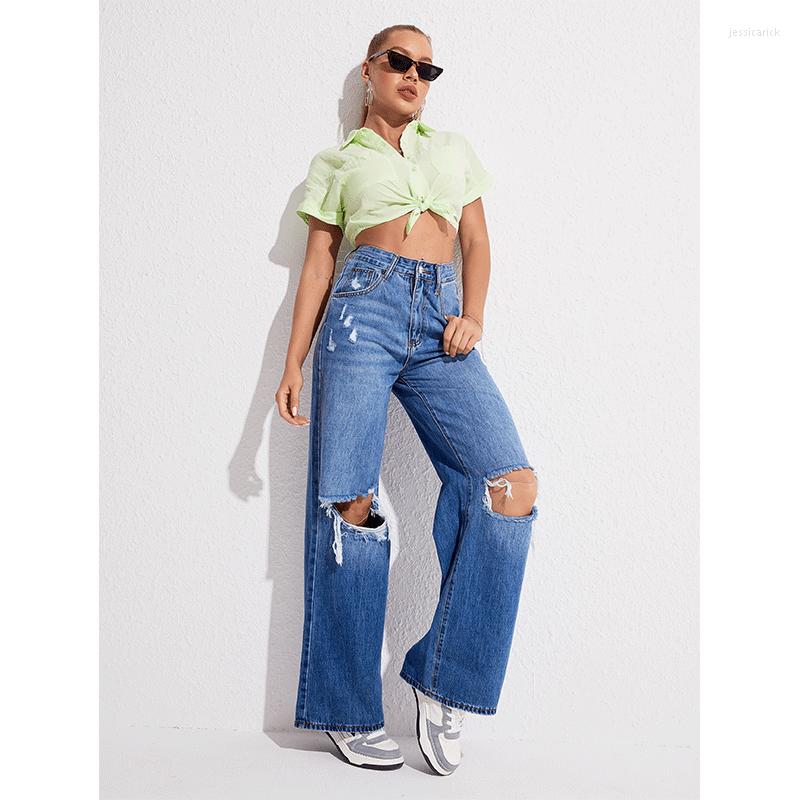 

Women's Jeans Solid Hole Denim Trousers Women's Fashion Washed Ladies Casual Ripped Blue Vintage Loose High Waist Wide Leg Pants Cowgirl