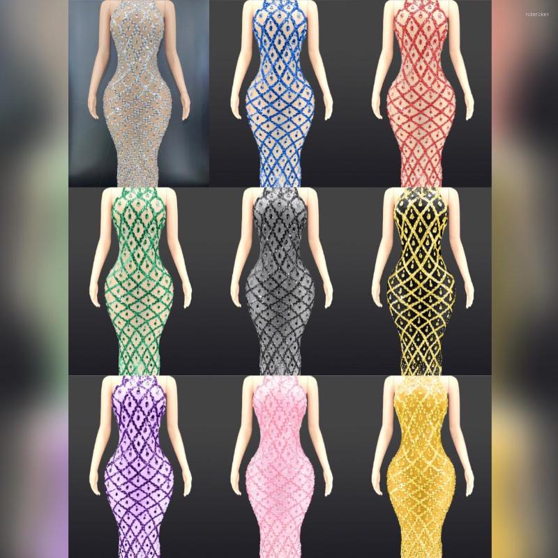 

Stage Wear Women Sparkly Crystals Sequins Long Dress Evening Prom Party Birthday Sexy Mesh Transparent Show Costume Woman, Black 2