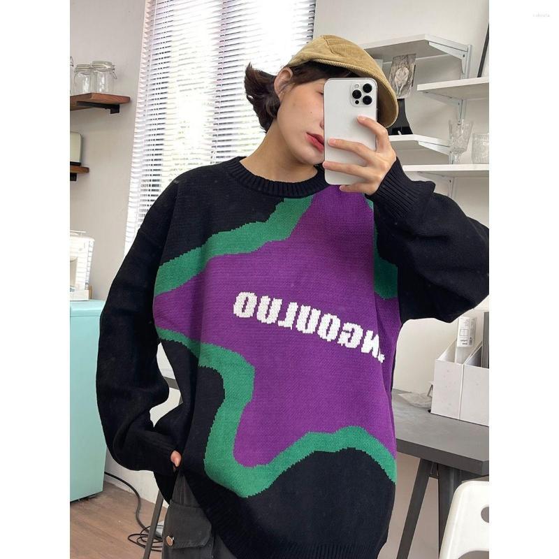 

Men's T Shirts Autumn And Winter Hip-hop Color Contrast Oversized Printed Sweater Women's Loose Bf American Retro Lazy Wind Knitted