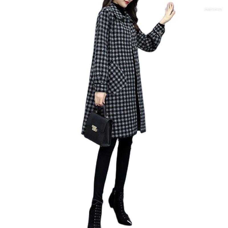 

Women's Wool Autumn Winter Mid-long Women Woolen Cloth Coat Grid Son Single-Breasted Lapel Female Outerwear Loose Ladies Jacket, Black and white grid