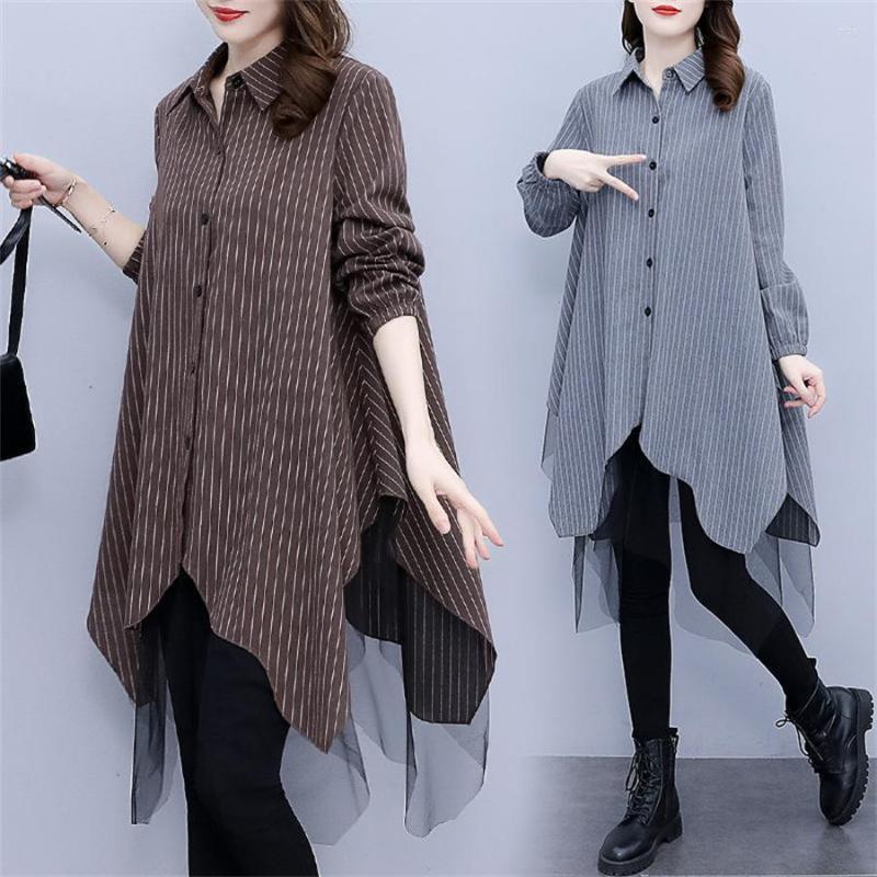 

Women's Polos Women's Striped Shirts 2022 Elegant Asymmetrical Tops Casual Long Sleeve Blusas Female Button Patchwork Tunic Oversized, Picture shown