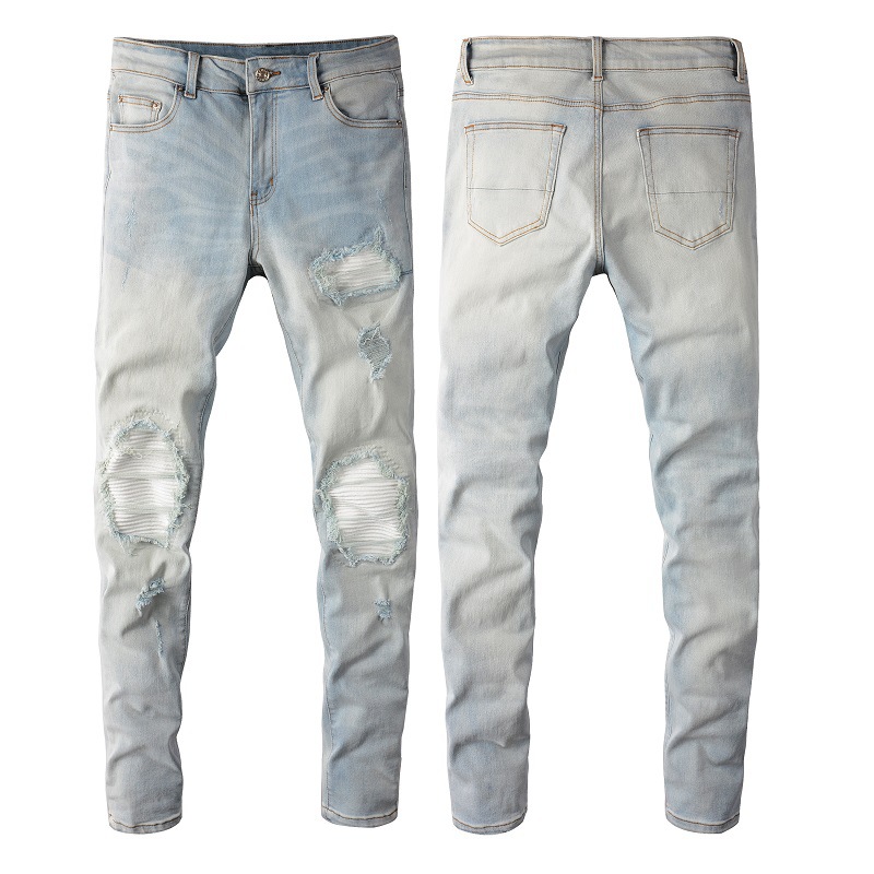 

Men's Jeans Trendy patched jeans vintage stretch slim high street denim light blue leggings Simple motorcycle pants