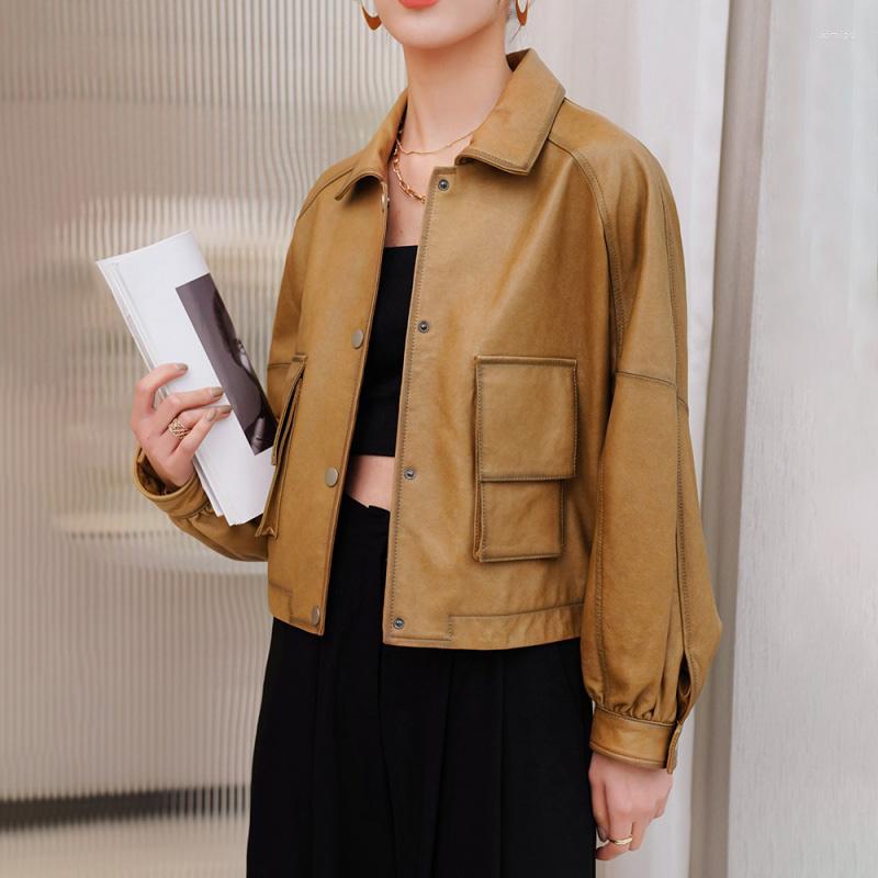 

Women's Leather 2022 Lady's Cropped Genuine Sheepskin Jacket Female Real Lambskin Sheep Coat Luxury Women Shacket CL4040, Camel