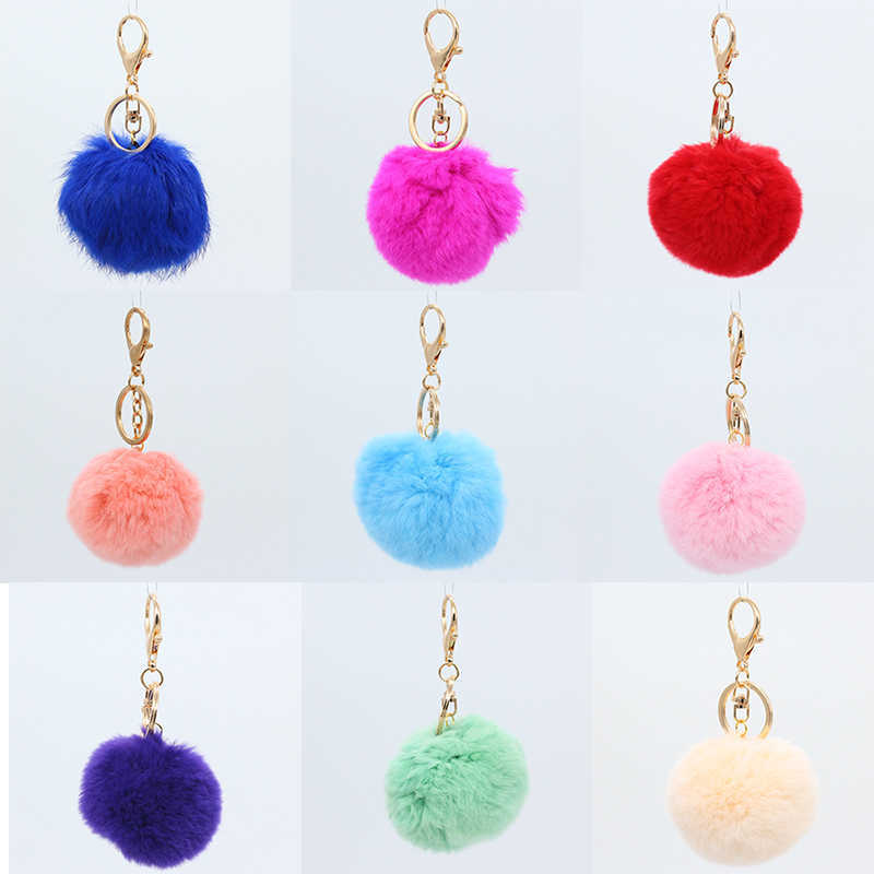 

Fashion keychainsKeychains Lanyards 8CM Big Faux Leather artifici Fur PomPom KeyChain Rabbit Hair Bulb Bag Pom Ball Key Chain Pendant Porte Clef for Women