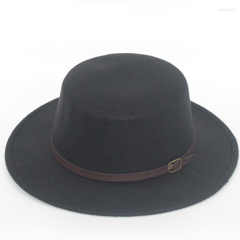 

Berets Retro Men Women Flat Top Wool Felt Fedora Hats With Belt Buckle Decorated Ladies Trilby Boater Hat Brim Chapeau, Black