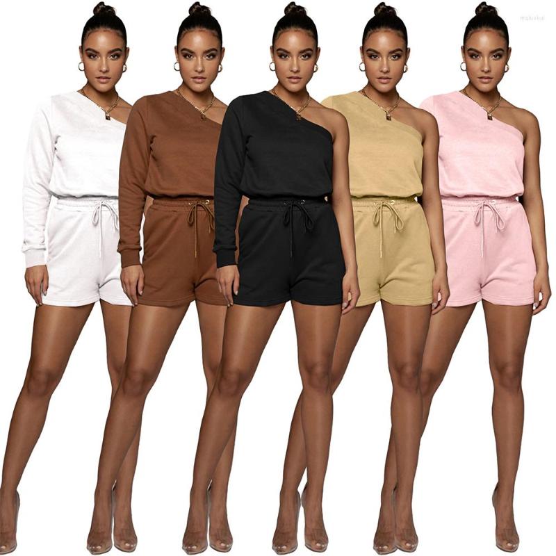 

Women' Tracksuits Fashion Casual Sexy Sport Summer Tracksuit Solid Color One Shoulder Sweatshirt Top Drawstring Pants Two Piece Set Women, Black