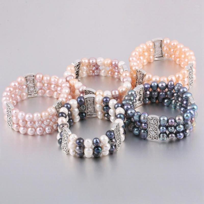 

Link Bracelets Natural Freshwater 8-9 Mm Pearl For Women As Jewelry Gift Multi Color 3 Layers Bangles