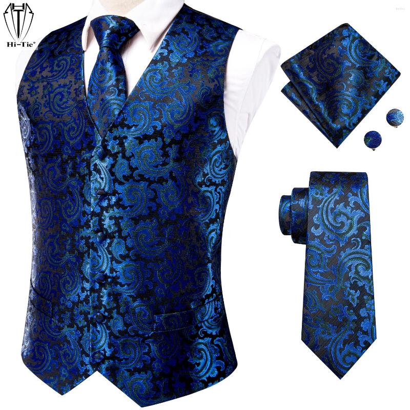

Men' Vests Hi-Tie Brand Silk Mens Sleeveless Navy Blue Waist Jacket Stylish Waistcoat Necktie Pocket Square Cufflinks Set For Men, Mj-0020