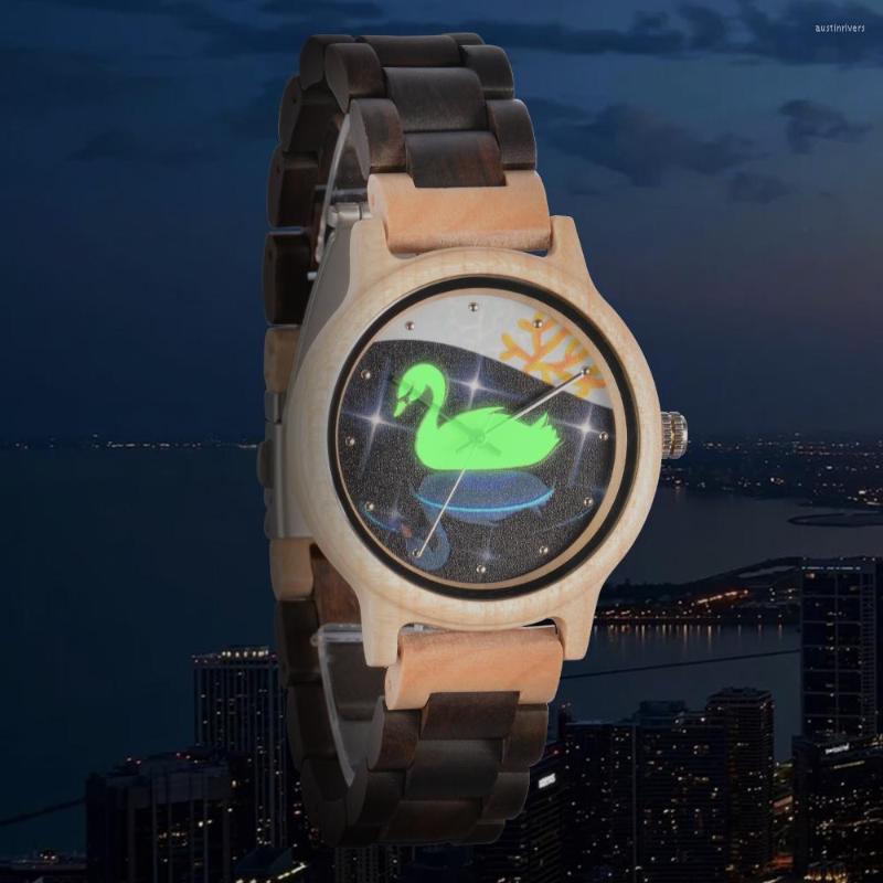 

Wristwatches 2022 Luxury Wood Quartz Watches For Women Wooden Band Luminous Dial Wristwatch With Strap Regulator And Instructions Gifts, Swan watch