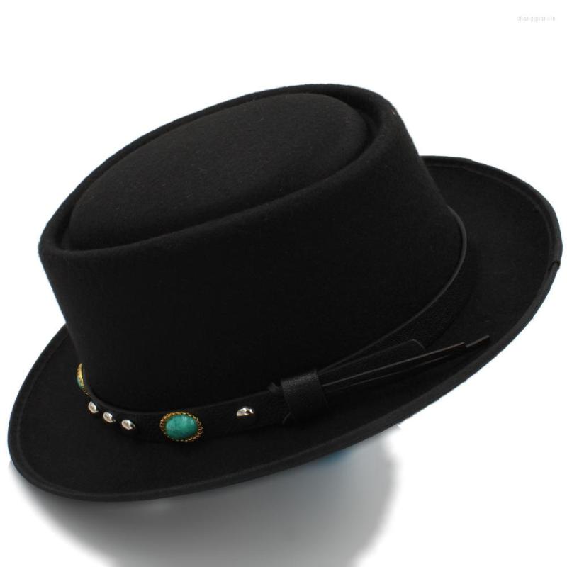 

Berets Men Wool Pork Pie Hat With Flat Fedora For Gentleman Dad Gambler Fascinator Trilby Size 58cm, Black