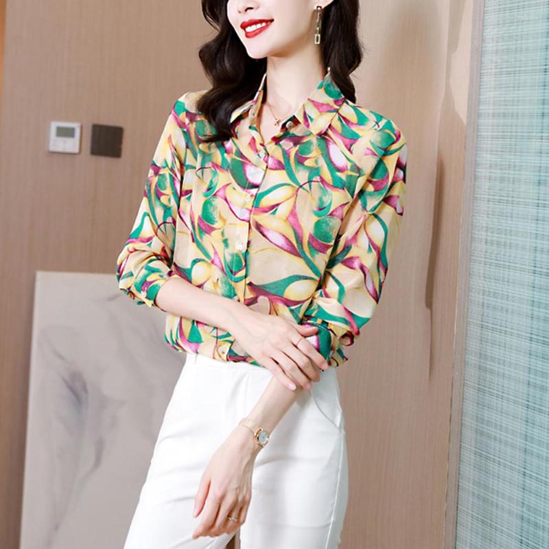 

Women's Blouses Arrivel Women Satin Blouse Long Sleeve Floral Printed Shirts Vintage Office Lady Tops Blusas Mujer De Moda 2022, Red