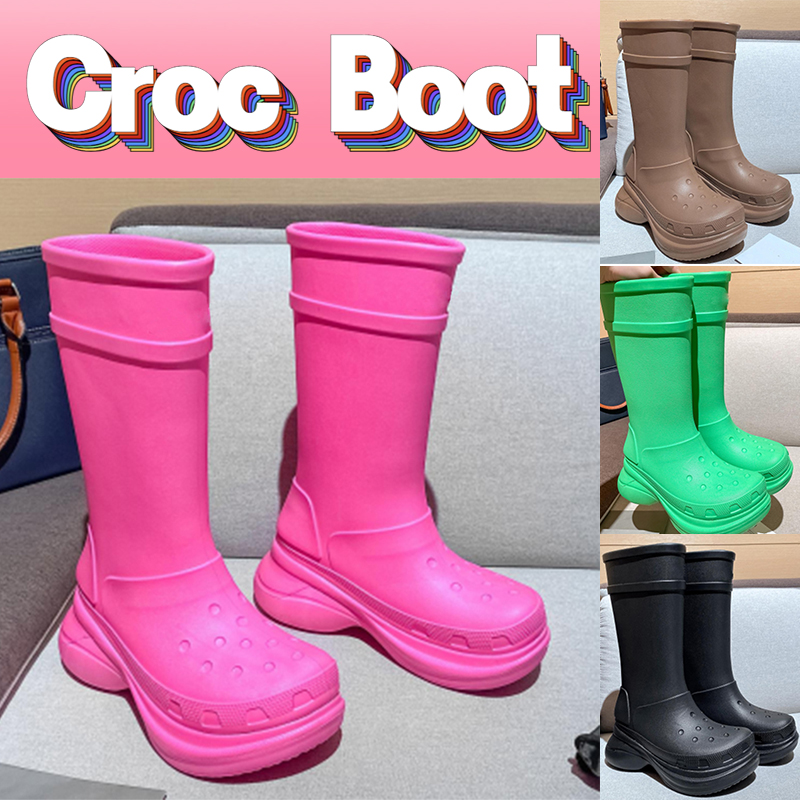 

Women Designer boots Paris Croc Boot Rain booties 20MM long Arch EVA Rubber platform knee high Rainboots brown green bright pink black womens luxury shoes sneakers, Bubble wrap packaging