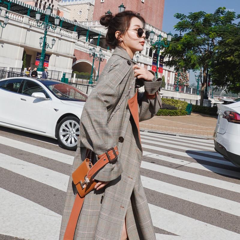 

Women' Trench Coats Autumn Fashion Trend Women' Plaid Coat Classic Double Breasted British Style Long Windbreaker With Belt Feminine, Gray grid