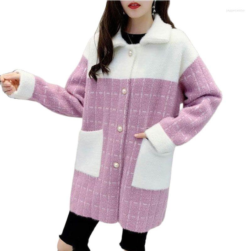 

Women's Wool Imitate Water Mink Velvet Women's Jacket Mid-Length Color Matching The Single-Breasted Autumn Winter Ladies Woolen Coat, Red