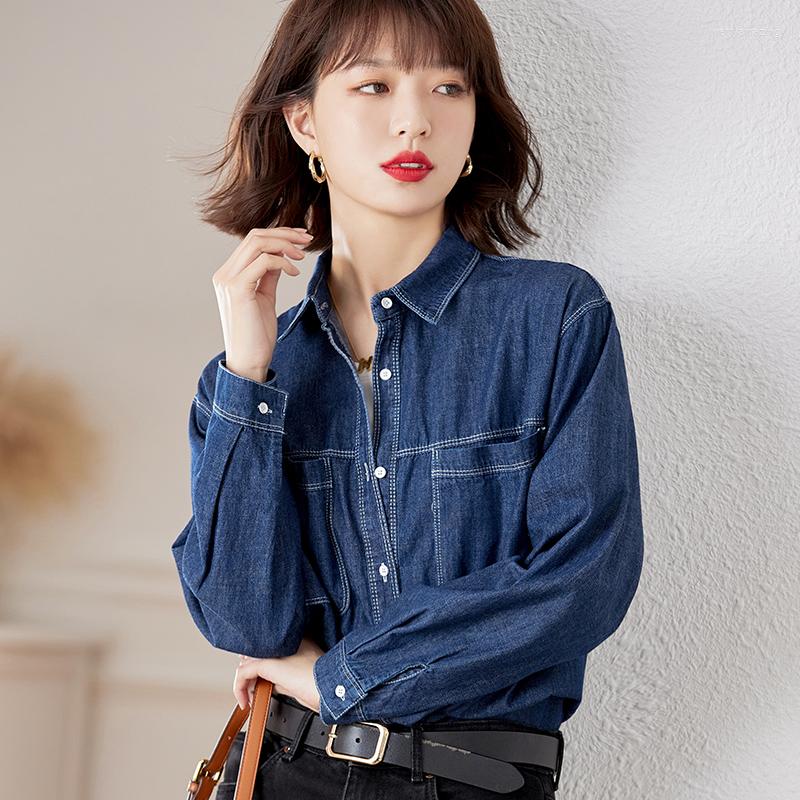 

Women's Blouses Women's Leisure Double Pockets Loose Jean Shirts Autumn Oversize Pure Cotton Denim Shirt Long Sleeve Ladies Coat, Blue