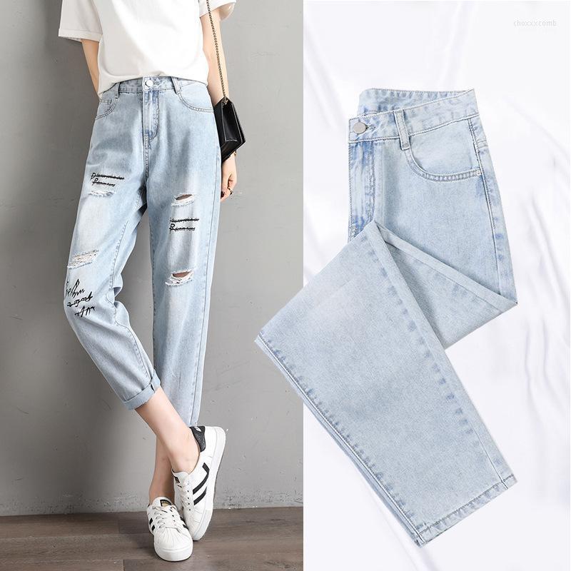 

Women's Jeans Women's Graffiti Letter Women Spring Summer Trendy Korean Style All-match Ripped Hole Soft High Waist Streetwear Womens, Light blue